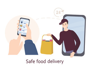 The concept of safe home delivery. The courier holds the package with the goods, hands the customer a fast food. Online store of goods, ordering over the Internet and delivery to the door of the home