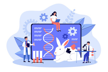 Genetic engineering researcher scientist group. Man and woman researchers and experiment with animal dna and gen. Future medicine, biology, zoology and genetic. Flat colorful vector illustration