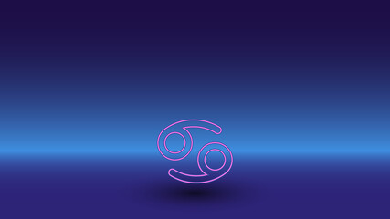 Neon cancer zodiac symbol on a gradient blue background. The isolated symbol is located in the bottom center. Gradient blue with light blue skyline
