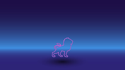 Neon lion symbol on a gradient blue background. The isolated symbol is located in the bottom center. Gradient blue with light blue skyline