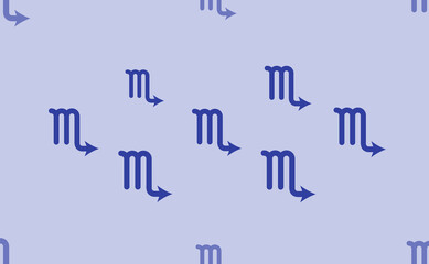 Seamless pattern of large isolated blue zodiac scorpio symbols. The pattern is divided by a line of elements of lighter tones. Vector illustration on light blue background