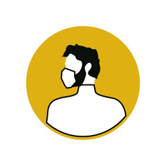 White male icon in a yellow circle. Avatar in a medical mask during the coronavirus quarantine period. Smartphone user interface button. Vector.