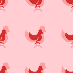 Seamless pattern of large isolated red chicken symbols. The elements are evenly spaced. Vector illustration on light red background