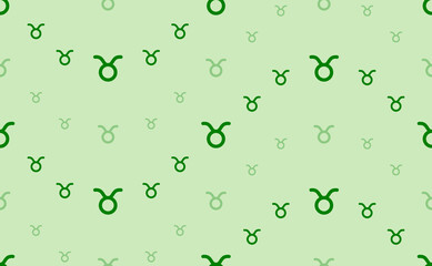 Seamless pattern of large and small green zodiac taurus symbols. The elements are arranged in a wavy. Vector illustration on light green background