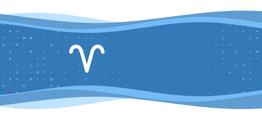Fototapeta premium Blue wavy banner with a white zodiac aries symbol on the left. On the background there are small white shapes, some are highlighted in red. There is an empty space for text on the right side