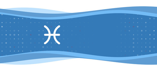 Obraz na płótnie Canvas Blue wavy banner with a white zodiac pisces symbol on the left. On the background there are small white shapes, some are highlighted in red. There is an empty space for text on the right side