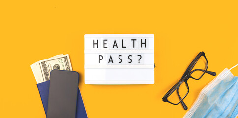 Health pass and passport concept backrgound, safe travel and vaccination banner
