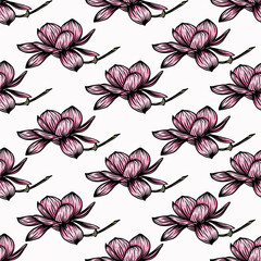 Pattern seamless with black magnolia outline. Spring flower hand drawn vector illustration. Black and white with line art on white backgrounds