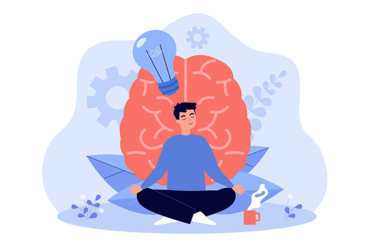 Cartoon Young Man Practicing Meditation Flat Vector Illustration. Person Character Doing Yoga Exercises For Mental And Physical Health, Clear Mind, Harmony. Health, Yoga, Meditation Concept For Design