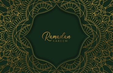 Ramadan kareem background in luxury style. Vector illustration of dark green arabic design with gold line mandala ornament for Islamic holy month celebrations. Month of fasting for muslim