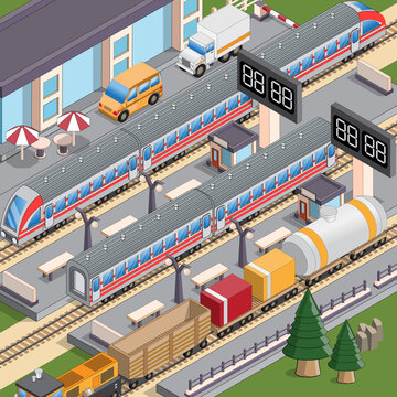 Railway Station. Isometric. Vector illustration.