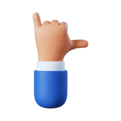 3d render. Call hand icon back view. Communication concept. Business clip art isolated on white background. Cartoon character hand gesture