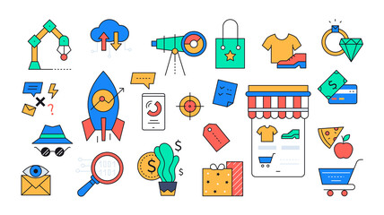 Online shopping and startup projects - colorful line design style icons