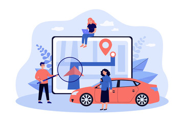 Tiny people and GPS with giant city map flat vector illustration. Cartoon man and women with auto finding road directions using navigation applications. Geolocation, navigation, car rental concept