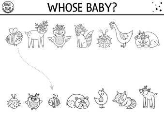 Mothers day black and white matching activity for children with moms and children. Fun line coloring page with cute mother animals and their babies. Holiday game. Printable worksheet for kids..