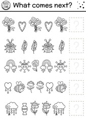 What comes next. Mothers day black and white matching activity for preschool children with traditional holiday symbols and animals. Funny educational line coloring page. Continue the row game..