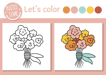 Holiday coloring page for children. Funny rose bouquet picture. Vector outline illustration with cute present. Adorable spring flower arrangement color book for kids with colored example.