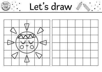 Complete the sun picture. Vector drawing practice worksheet. Spring printable black and white activity for pre-school children. Copy the picture game for kids with cute planet.