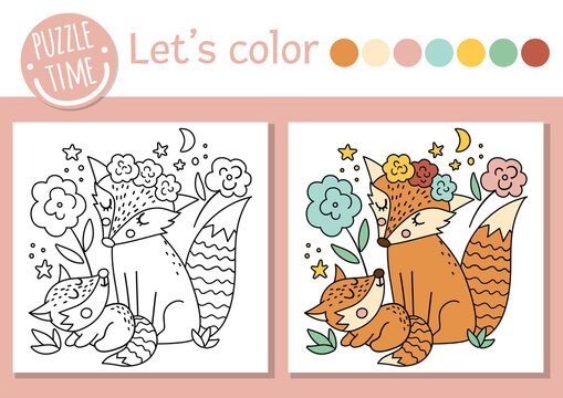 Mothers day coloring page for children with baby fox and mother. Vector outline illustration showing family love. Adorable spring holiday color book for kids with colored example.