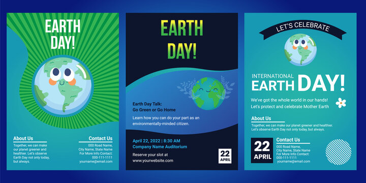 Happy Earth Day flyer design template set, Earth day vector poster design set. Celebrate Earth day poster card design set.
