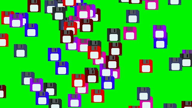Pixel art floppy disks falling down on green screen