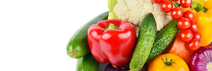 vegetables isolated on white background. Wide photo. Place for your text.