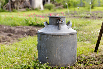 Traditional milk can on a green field in a small farm
