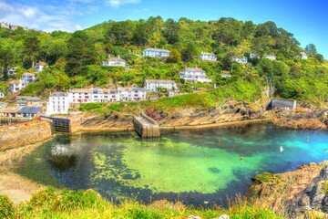Cornwall coast beautiful scene Polperro in bright colourful HDR England UK