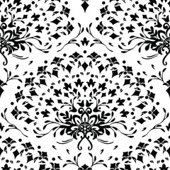 Seamless vector pattern with black flower fan on white background. Floral tattoo silhouette wallpaper design. Romantic henna fashion textile.