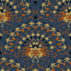 Seamless vector pattern with floral fan on grey background. Luxury flower damask wallpaper design. Decorative baroque fashion textile.