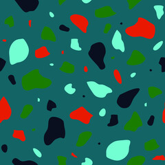 Seamless vector pattern with terrazzo texture on blue background. Simple mosaic grid wallpaper design with neon colours. Decorative artistic fashion textile.