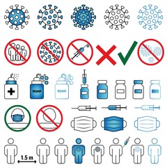 Collection of vaccine and vaccination icons. A set of simple linear web icons, such as Human vaccination, Vaccination ban, Shoulder vaccination, Virus Vaccine, vector illustration