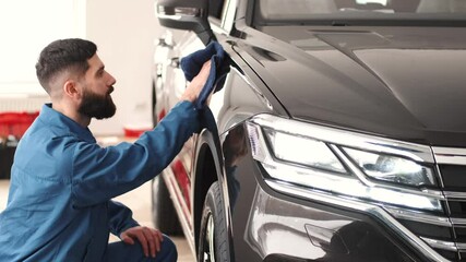 Black car body polishing with polisher tool in auto service
