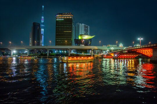 Amazing nightscape of Asakusa district and river Sumida in Tokyo