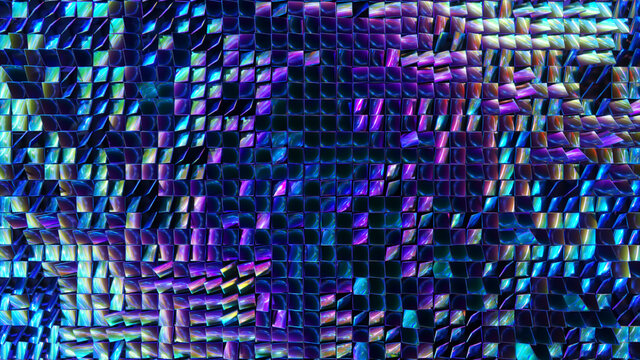 Abstract background of reflective holographic cubes creating a wave surface. Modern neon lighting, trendy background. 3d illustration