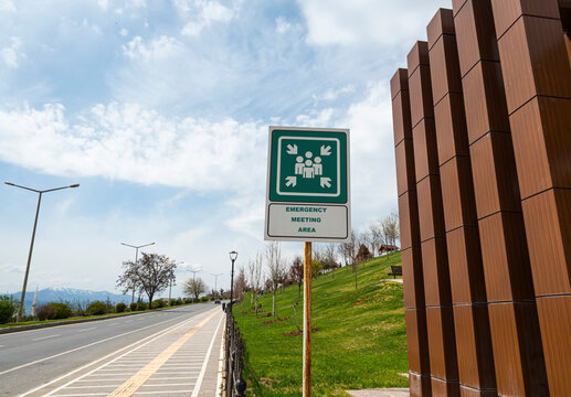 Assembly point signs , are essential for identifying areas of safety where persons should assemble in the event of an emergency