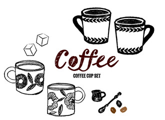 コーヒーカップと砂糖とコーヒー豆のイラスト。