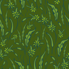 Seamless vector pattern with grass meadow on green background. Nature wildflower wallpaper design. Floral fashion textile.