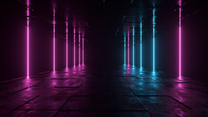 Futuristic sci fi bacgkround. Blue purple neon lights glowing in a room with concrete floor with reflections of empty space. Alien, Spaceship, Future, Arch. Progress. 3d illustration