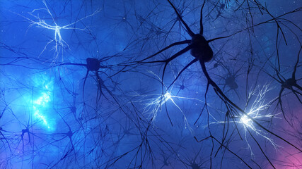 3d illustration of the activity of neurons and synapses. Neural connections in outer space,...