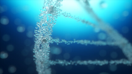 Naklejka na ściany i meble Abstract 3d illustration construction of a DNA molecule from water particles. Animation concept of digital DNA, human genome. Medical research, genetic engineering. DNA molecule