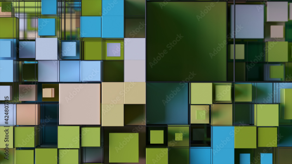 Poster abstract background with motion cubes. an array of different sized squares in a grid. 3d illustratio