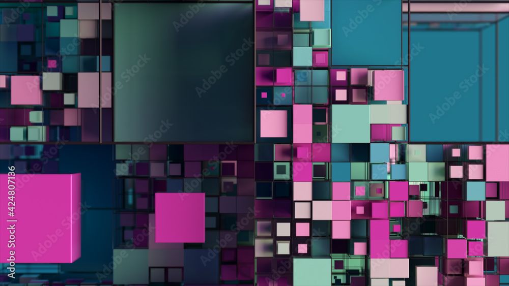 Poster abstract background with motion cubes. an array of different sized squares in a grid. 3d illustratio