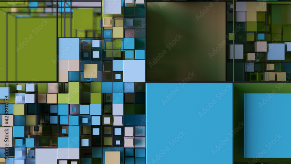 Poster abstract background with motion cubes. an array of different sized squares in a grid. 3d illustratio
