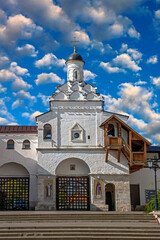 Fototapeta na wymiar Entrace gate and St. Fedot church. Presentation of the Blessed Virgin monastery. City of Serpukhov, Russia