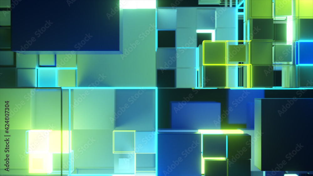 Poster abstract background with motion cubes. an array of different sized squares in a grid. 3d illustratio