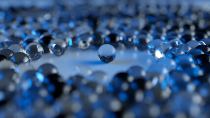 Array of dynamic glass spheres around one glass sphere. Social concept. 3d illustration