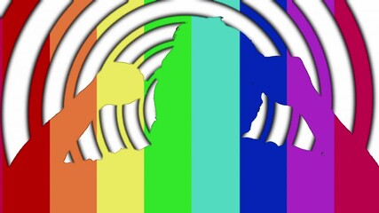 The silhouette of a man wearing headphones, happily dancing to the music, filled with a rainbow vertical pattern, over a background of hypnotic colorful lines.
 - Powered by Adobe