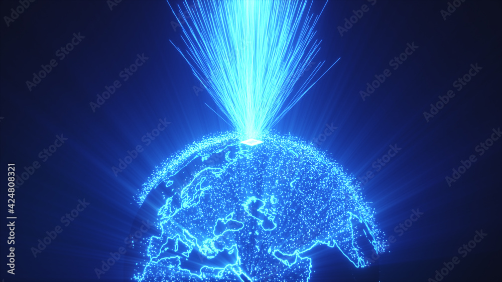 Poster signals passing through the microcircuits to the processor. global technology concept. technological