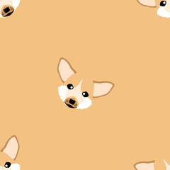 Dog seamless pattern, Corgi on orange background.	